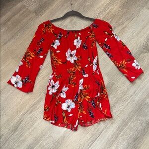 Red tropical floral long sleeve off shoulder shorts flirty romper size small